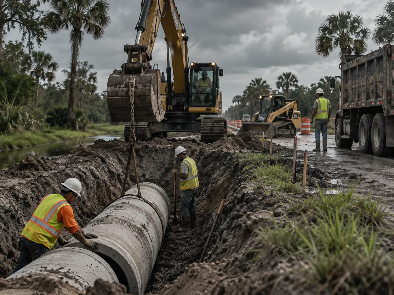 A crew setting a large concrete pipe into an open trench, with an excavator, skid steer and haul truck working the roadway alongside.